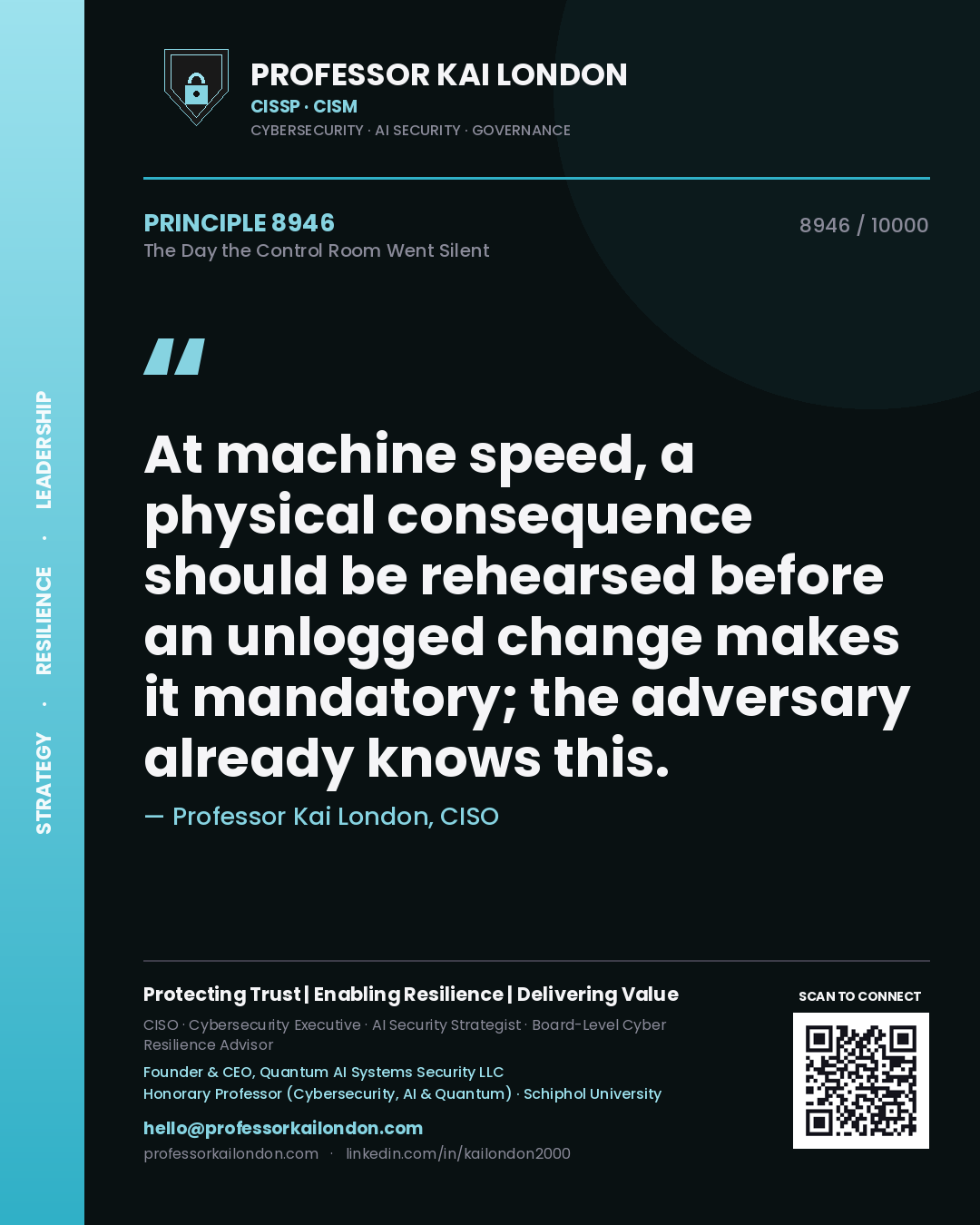 Quote card by Professor Kai London reading 'At machine speed, a physical consequence should be rehearsed before an unlogged change makes it mandatory; the adversary already knows this.'. From the book The Day the Control Room Went Silent.