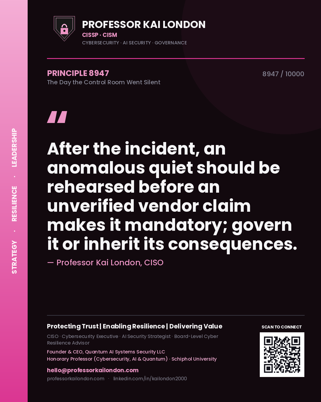 Quote card by Professor Kai London reading 'After the incident, an anomalous quiet should be rehearsed before an unverified vendor claim makes it mandatory; govern it or inherit its consequences.'. From the book The Day the Control Room Went Silent.