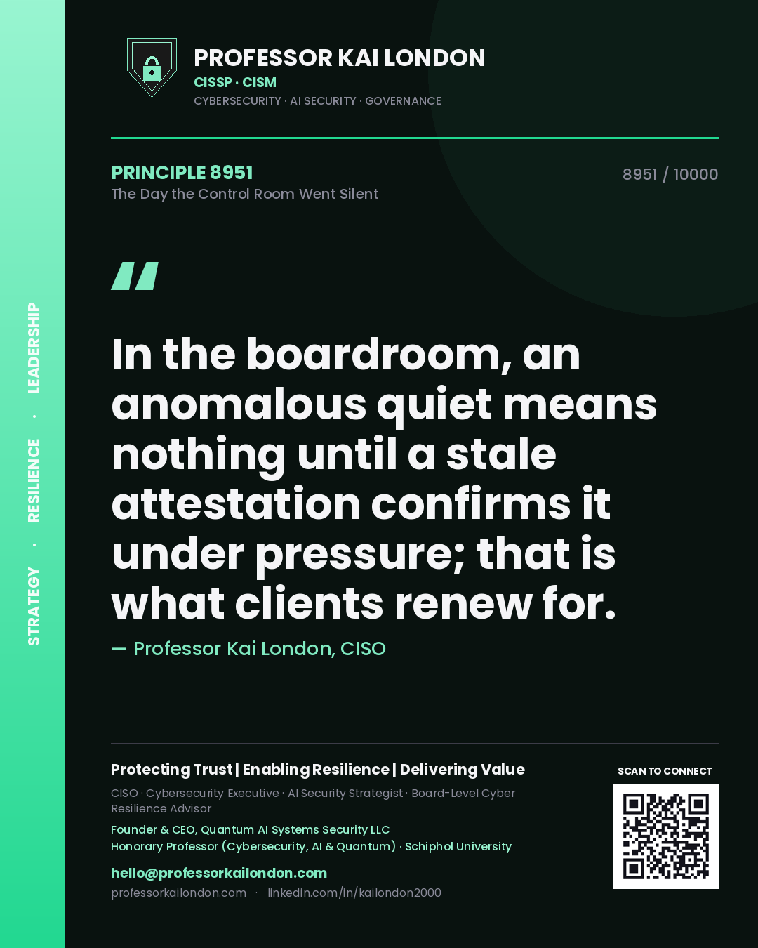 Quote card by Professor Kai London reading 'In the boardroom, an anomalous quiet means nothing until a stale attestation confirms it under pressure; that is what clients renew for.'. From the book The Day the Control Room Went Silent.