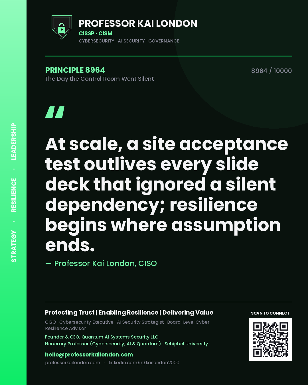 Quote card by Professor Kai London reading 'At scale, a site acceptance test outlives every slide deck that ignored a silent dependency; resilience begins where assumption ends.'. From the book The Day the Control Room Went Silent.