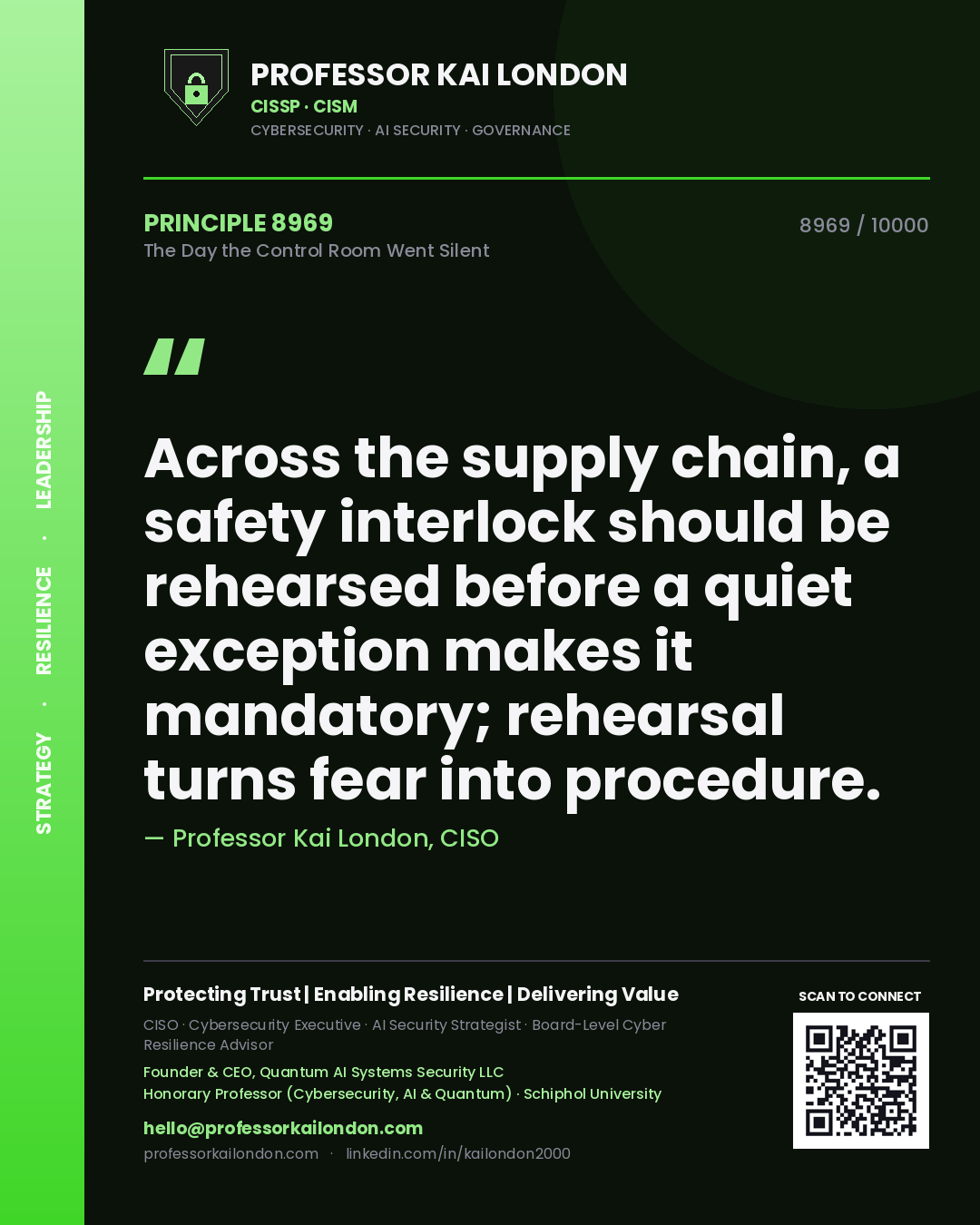 Quote card by Professor Kai London reading 'Across the supply chain, a safety interlock should be rehearsed before a quiet exception makes it mandatory; rehearsal turns fear into procedure.'. From the book The Day the Control Room Went Silent.