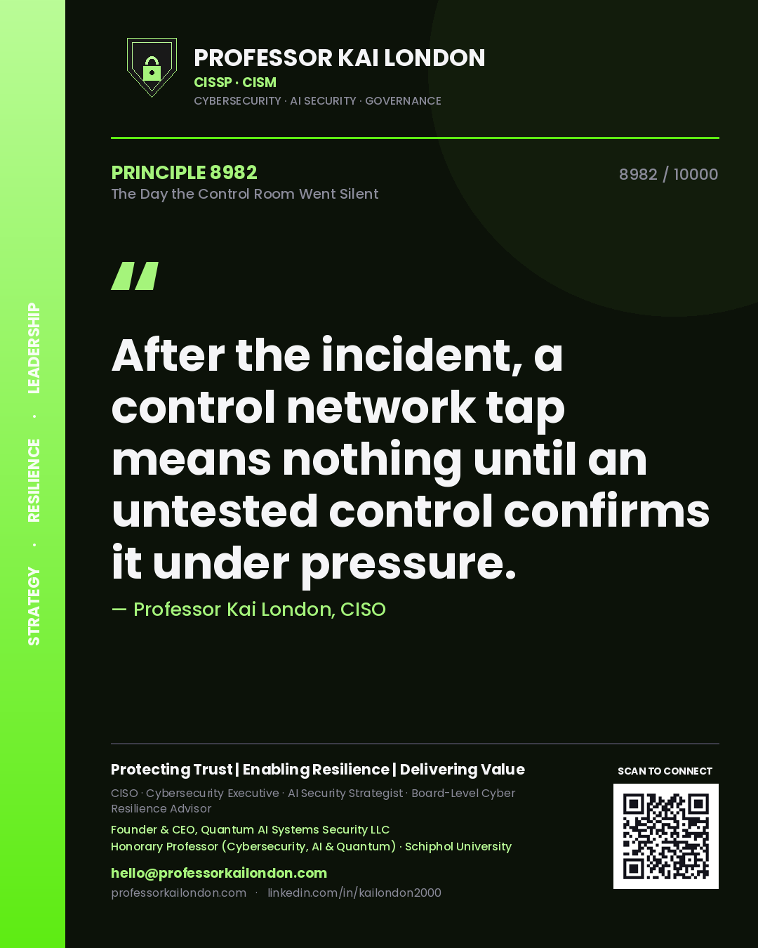 Quote card by Professor Kai London reading 'After the incident, a control network tap means nothing until an untested control confirms it under pressure.'. From the book The Day the Control Room Went Silent.