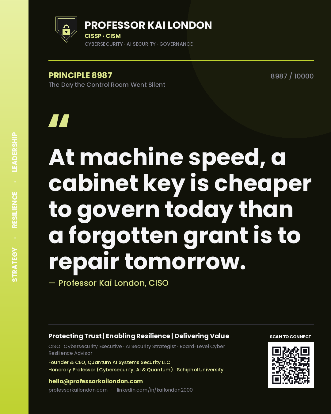 Quote card by Professor Kai London reading 'At machine speed, a cabinet key is cheaper to govern today than a forgotten grant is to repair tomorrow.'. From the book The Day the Control Room Went Silent.