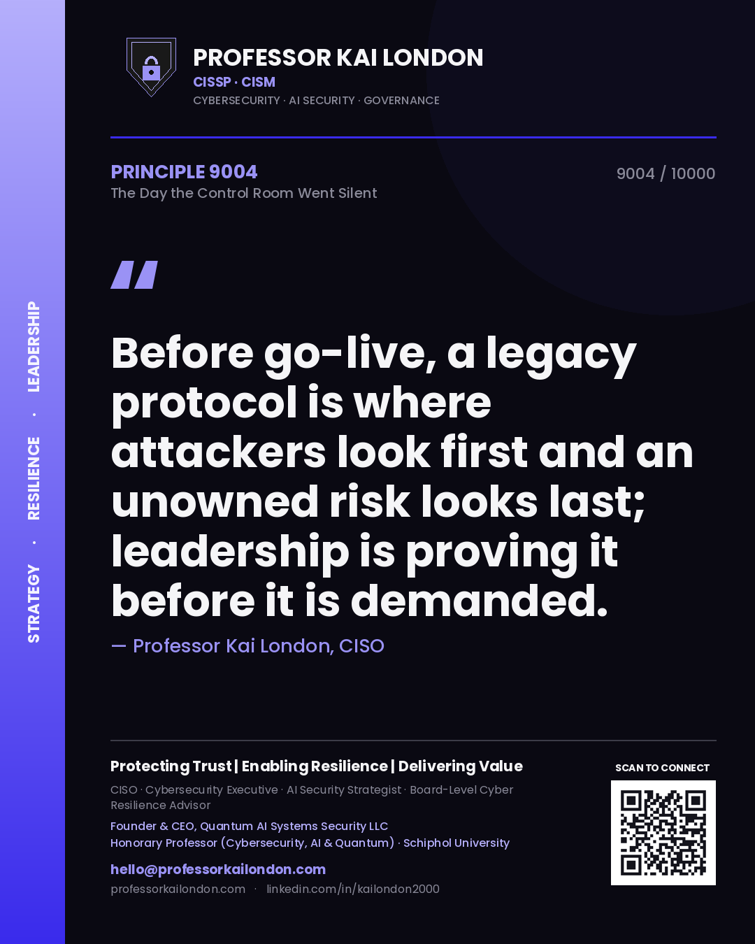 Professor Kai London principle 9004: Before go-live, a legacy protocol is where attackers look first and an unowned risk looks last; leadership is proving it before it is demanded.