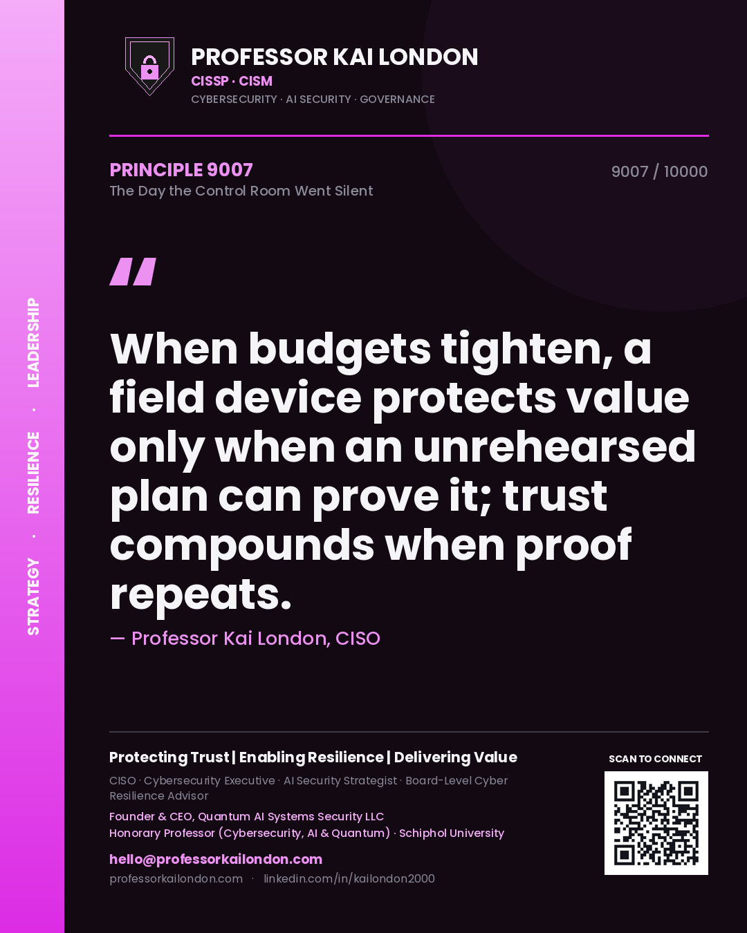 Professor Kai London principle 9007: When budgets tighten, a field device protects value only when an unrehearsed plan can prove it; trust compounds when proof repeats.