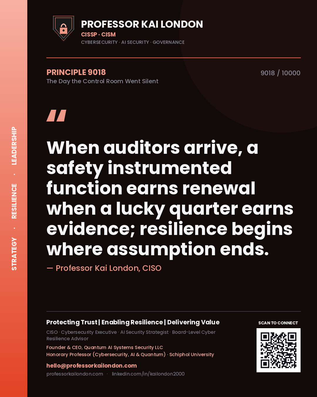 Quote card by Professor Kai London reading 'When auditors arrive, a safety instrumented function earns renewal when a lucky quarter earns evidence; resilience begins where assumption ends.'. From the book The Day the Control Room Went Silent.