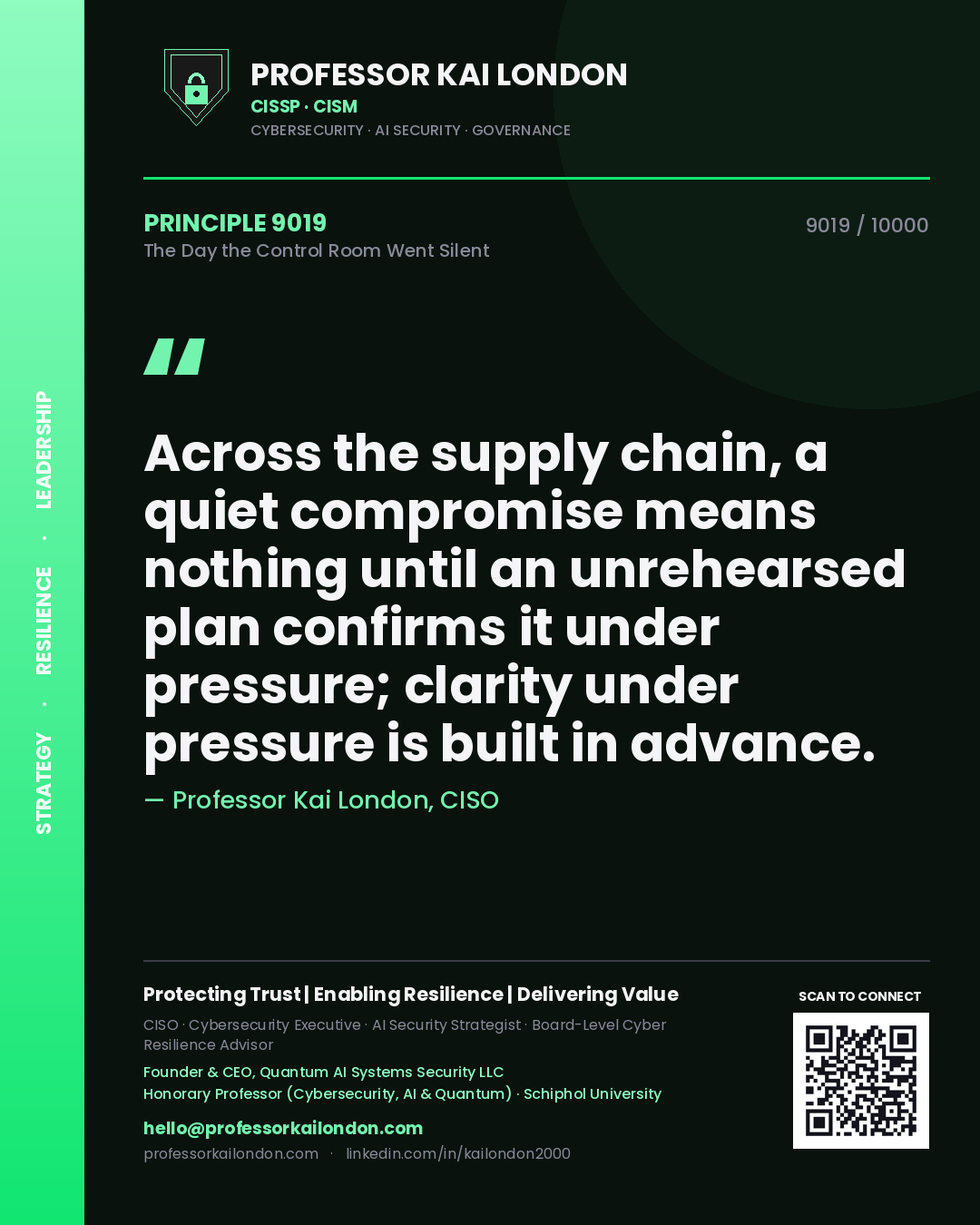 Professor Kai London principle 9019: Across the supply chain, a quiet compromise means nothing until an unrehearsed plan confirms it under pressure; clarity under pressure is built in advance.