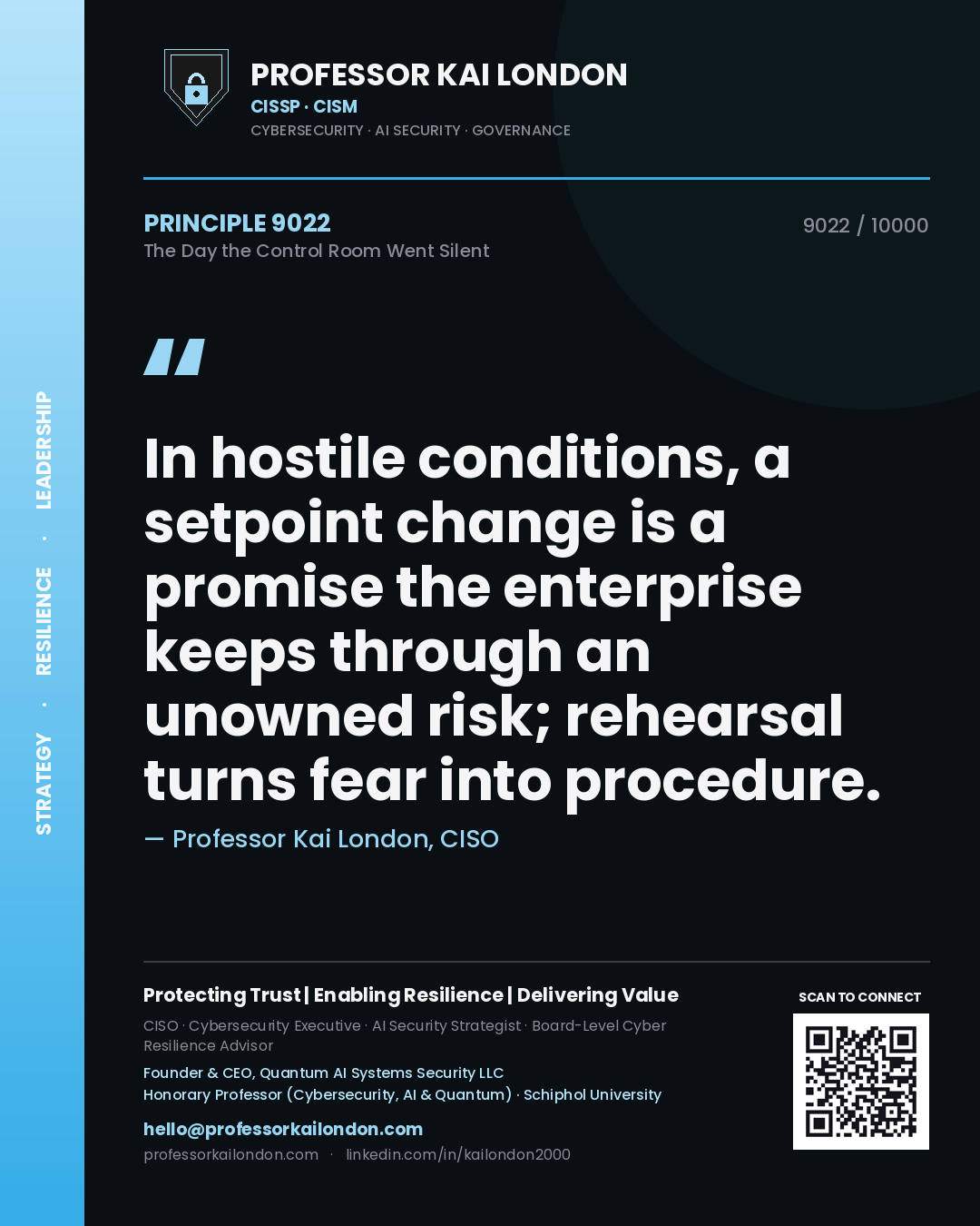 Quote card by Professor Kai London reading 'In hostile conditions, a setpoint change is a promise the enterprise keeps through an unowned risk; rehearsal turns fear into procedure.'. From the book The Day the Control Room Went Silent.