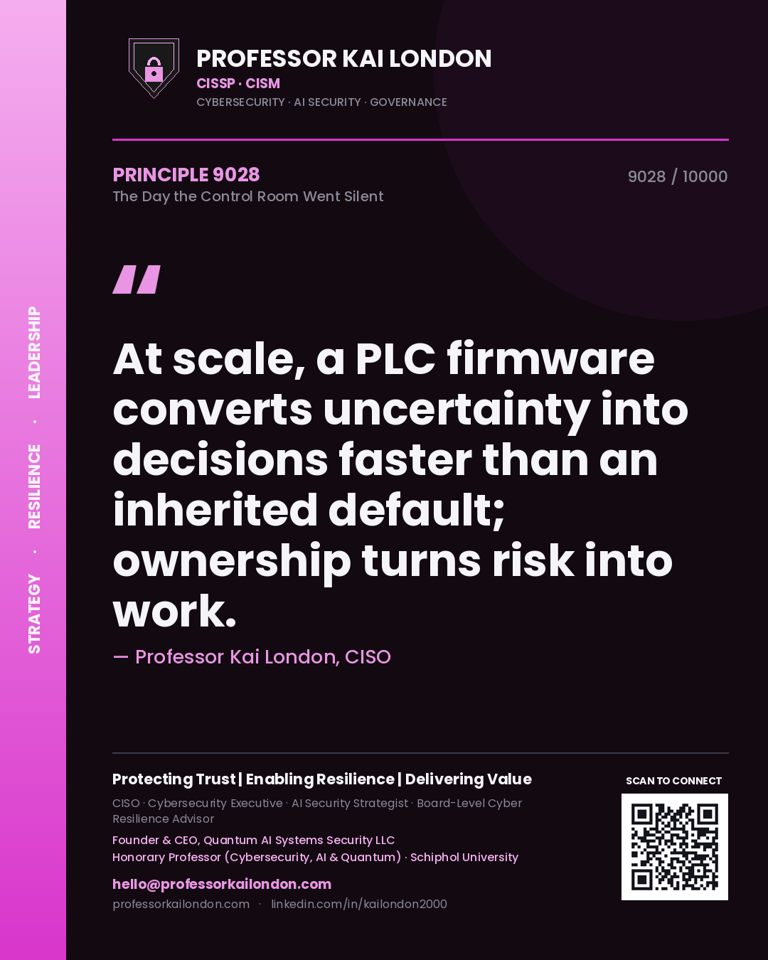 Quote card by Professor Kai London reading 'At scale, a PLC firmware converts uncertainty into decisions faster than an inherited default; ownership turns risk into work.'. From the book The Day the Control Room Went Silent.