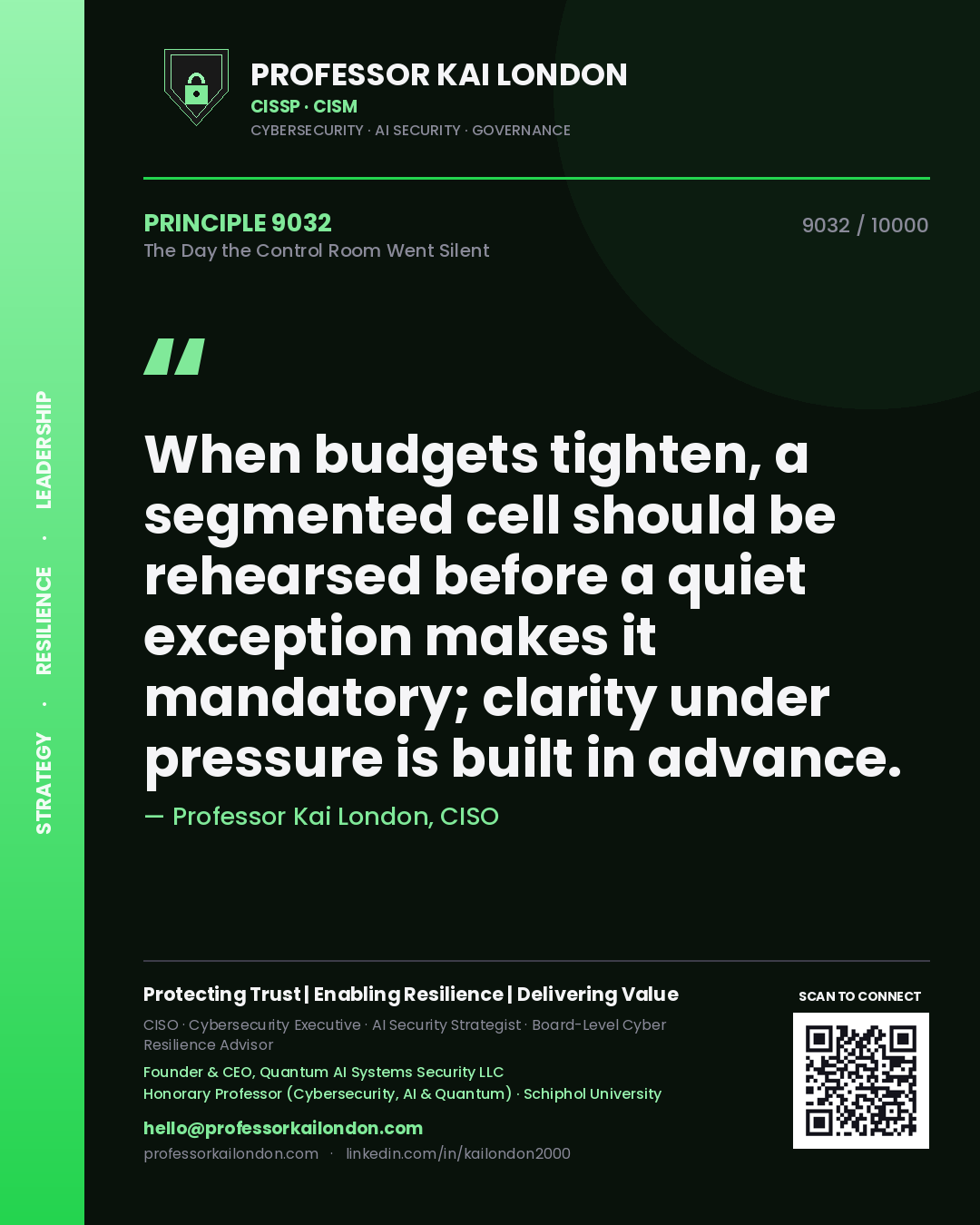 Quote card by Professor Kai London reading 'When budgets tighten, a segmented cell should be rehearsed before a quiet exception makes it mandatory; clarity under pressure is built in advance.'. From the book The Day the Control Room Went Silent.