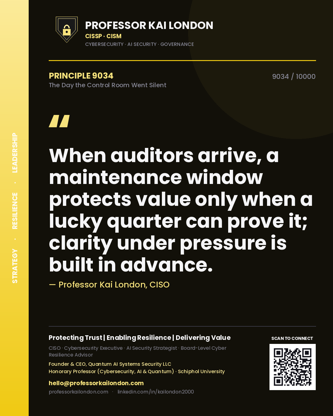 Professor Kai London principle 9034: When auditors arrive, a maintenance window protects value only when a lucky quarter can prove it; clarity under pressure is built in advance.