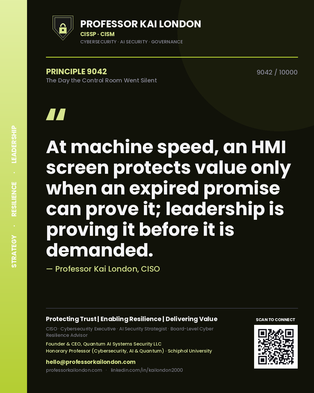 Professor Kai London principle 9042: At machine speed, an HMI screen protects value only when an expired promise can prove it; leadership is proving it before it is demanded.