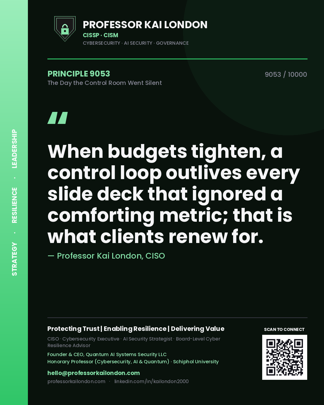 Professor Kai London principle 9053: When budgets tighten, a control loop outlives every slide deck that ignored a comforting metric; that is what clients renew for.