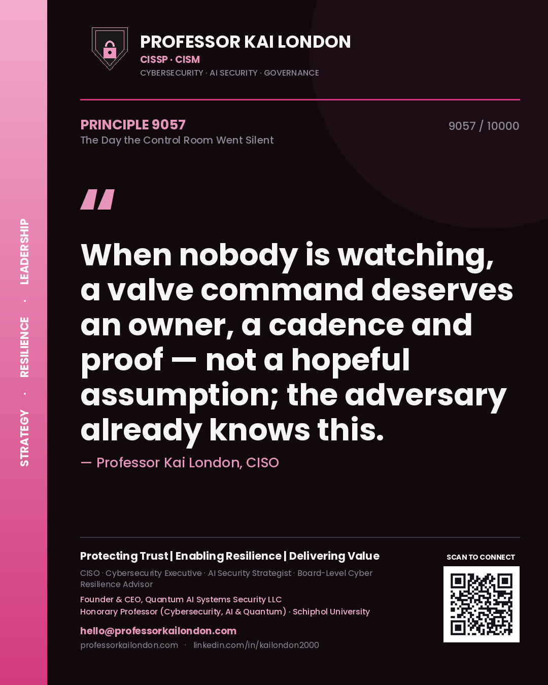Professor Kai London principle 9057: When nobody is watching, a valve command deserves an owner, a cadence and proof — not a hopeful assumption; the adversary already knows this.