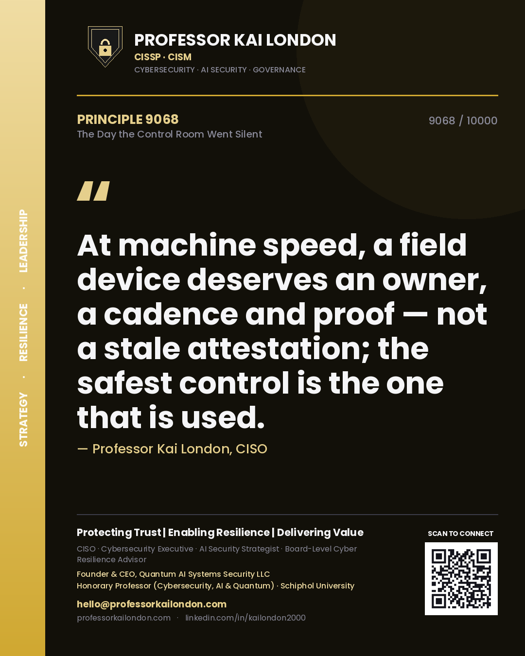 Professor Kai London principle 9068: At machine speed, a field device deserves an owner, a cadence and proof — not a stale attestation; the safest control is the one that is used.