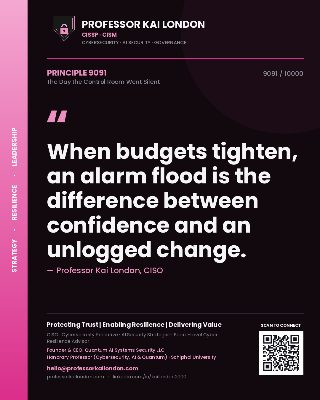Professor Kai London principle 9091: When budgets tighten, an alarm flood is the difference between confidence and an unlogged change.