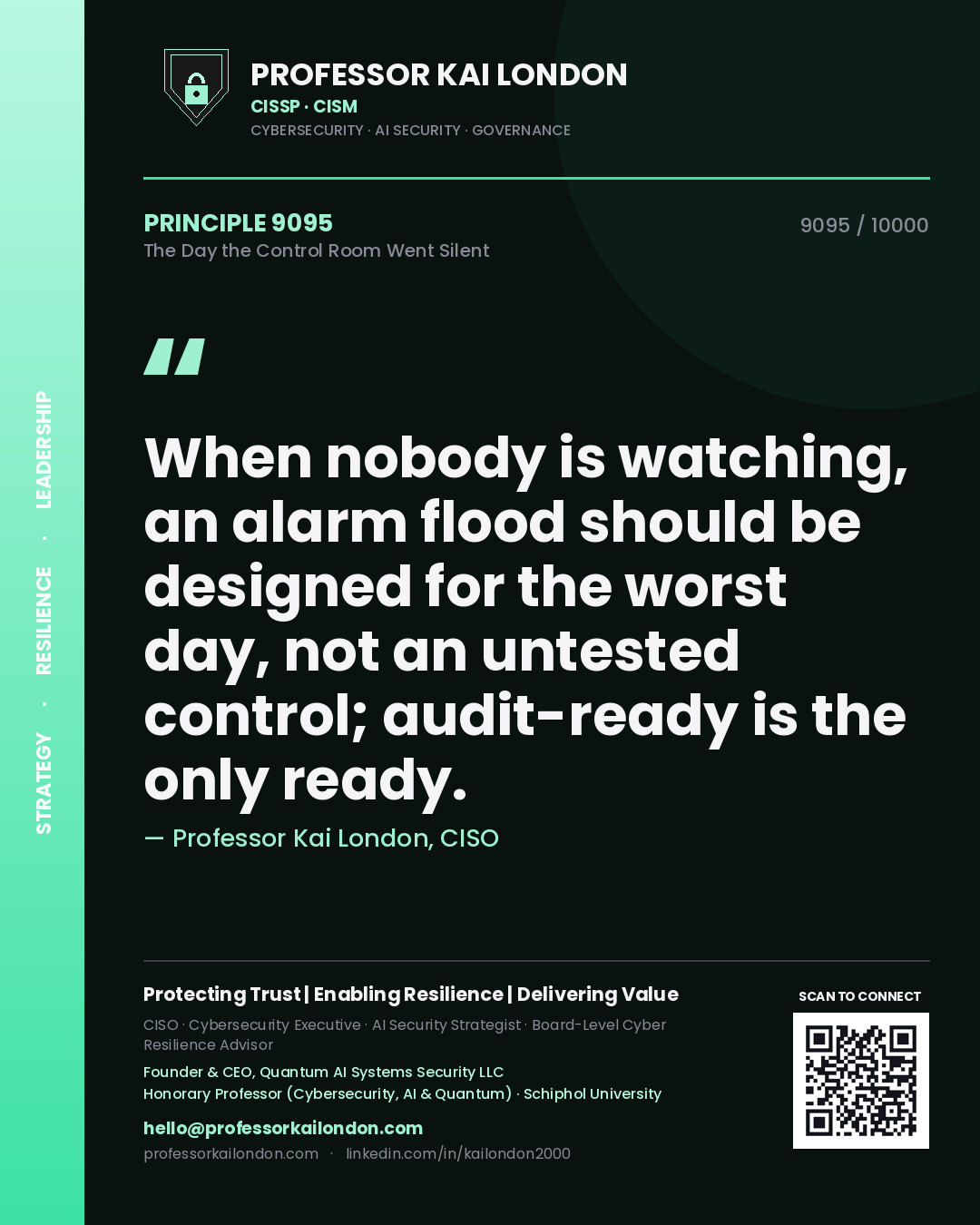Quote card by Professor Kai London reading 'When nobody is watching, an alarm flood should be designed for the worst day, not an untested control; audit-ready is the only ready.'. From the book The Day the Control Room Went Silent.