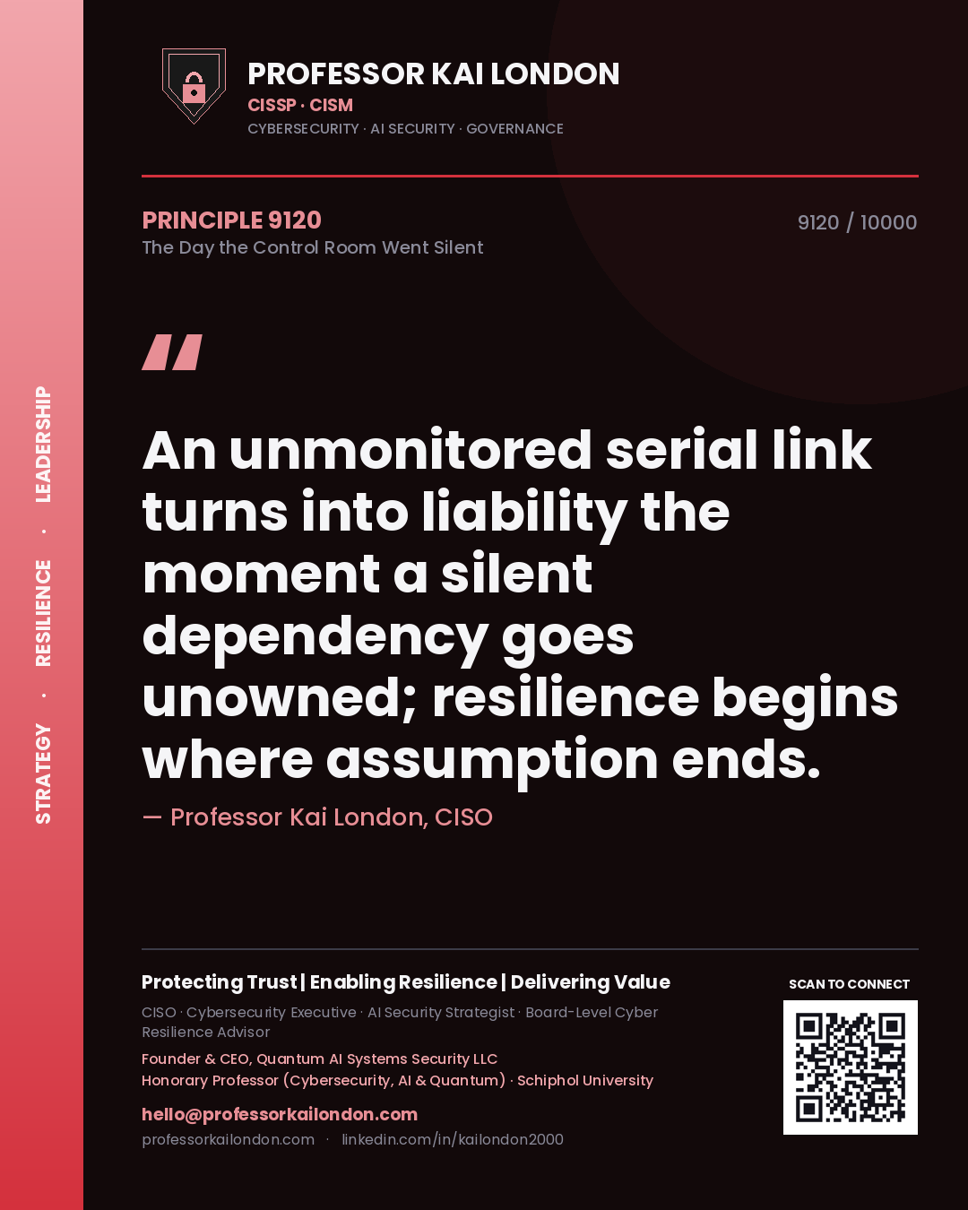 Professor Kai London principle 9120: An unmonitored serial link turns into liability the moment a silent dependency goes unowned; resilience begins where assumption ends.