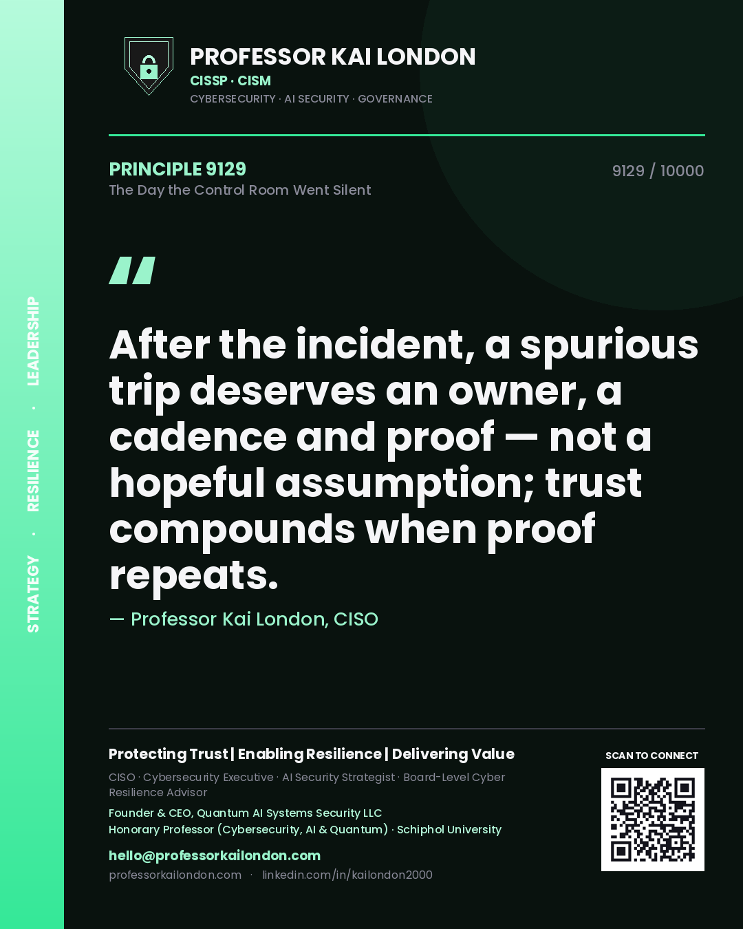 Professor Kai London principle 9129: After the incident, a spurious trip deserves an owner, a cadence and proof — not a hopeful assumption; trust compounds when proof repeats.