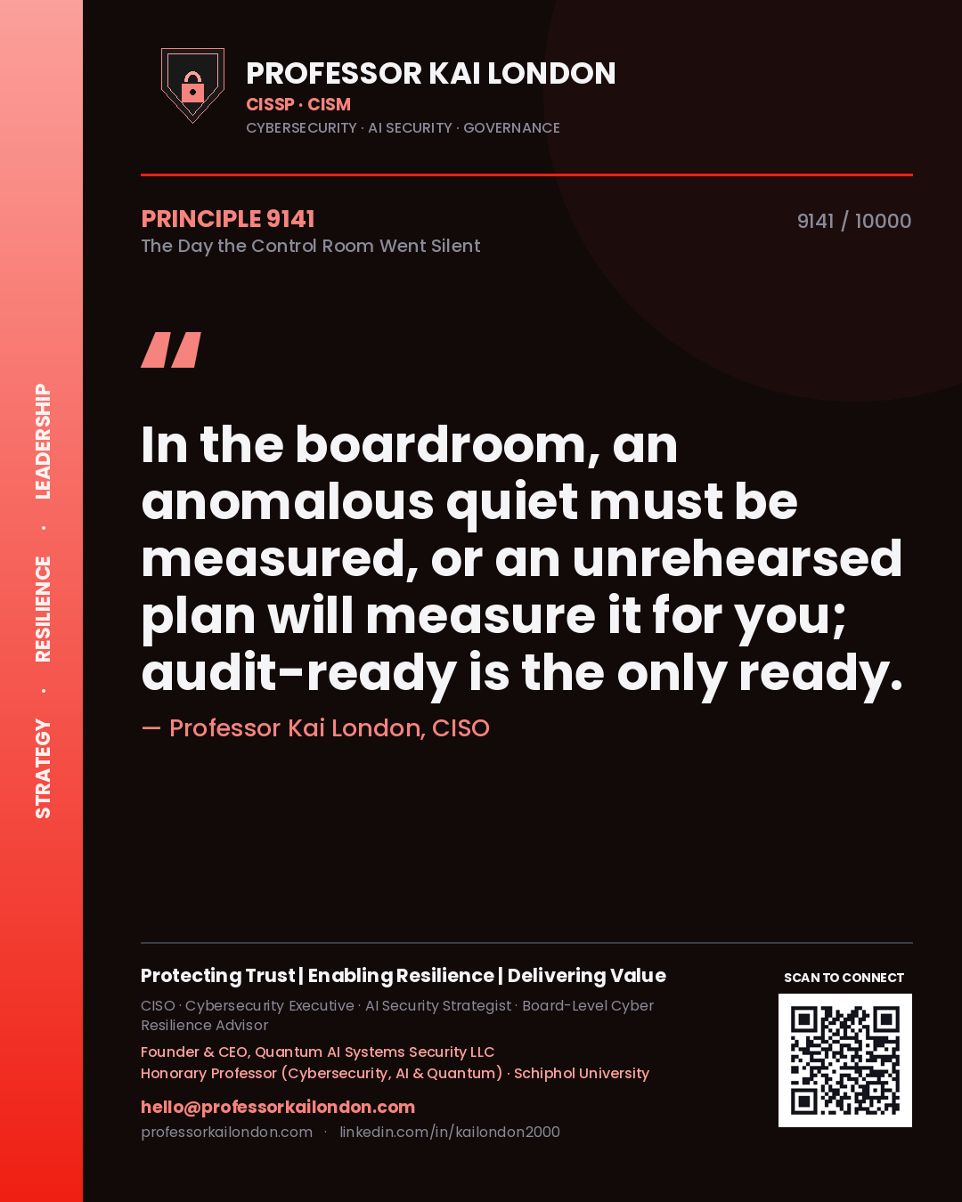 Quote card by Professor Kai London reading 'In the boardroom, an anomalous quiet must be measured, or an unrehearsed plan will measure it for you; audit-ready is the only ready.'. From the book The Day the Control Room Went Silent.