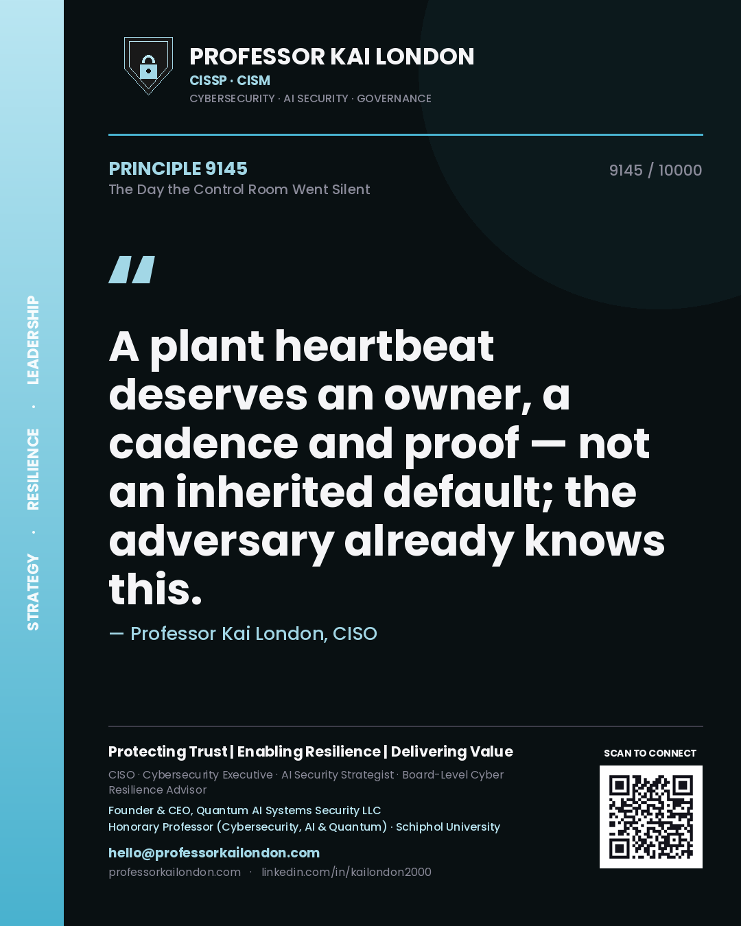 Professor Kai London principle 9145: A plant heartbeat deserves an owner, a cadence and proof — not an inherited default; the adversary already knows this.