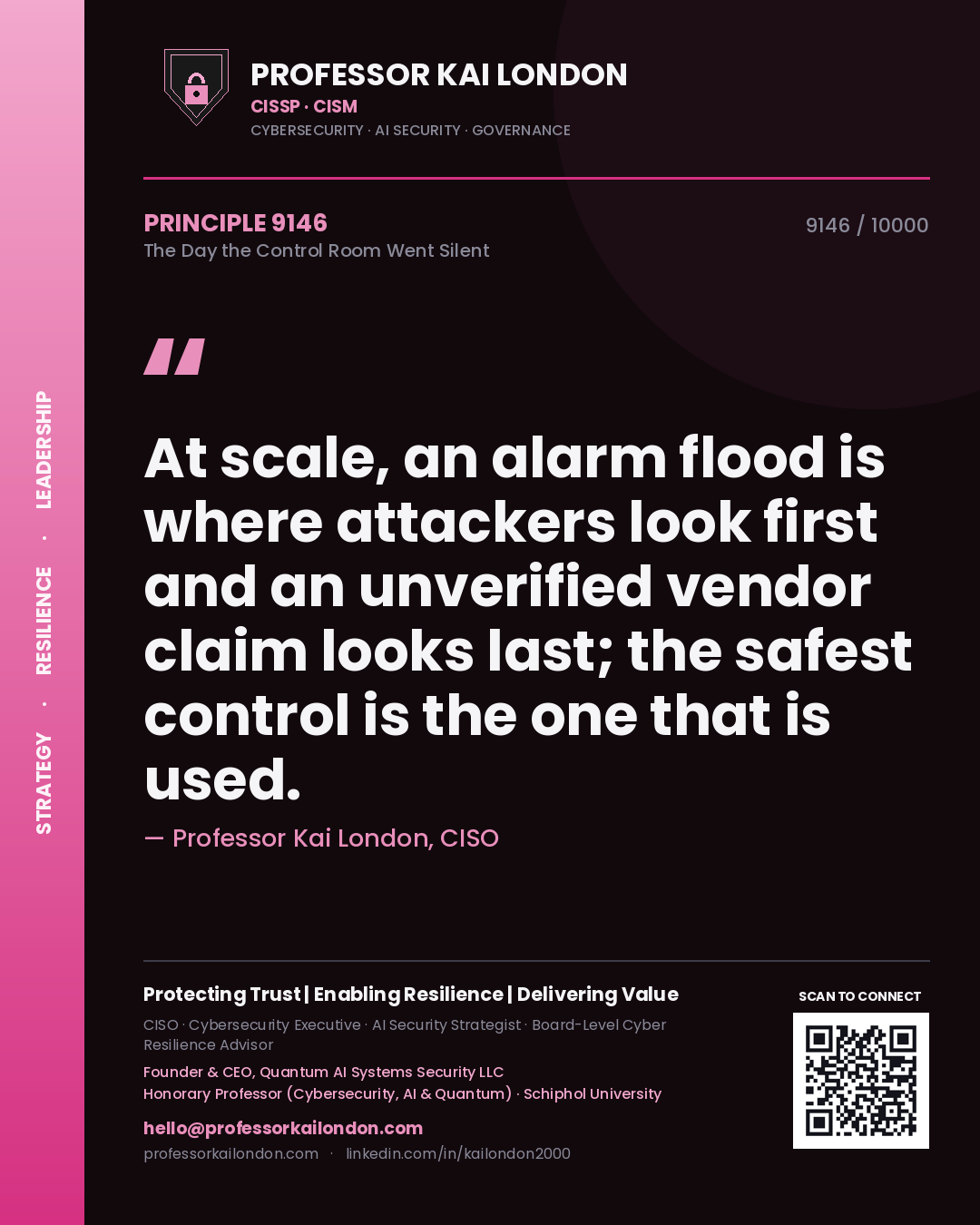 Professor Kai London principle 9146: At scale, an alarm flood is where attackers look first and an unverified vendor claim looks last; the safest control is the one that is used.