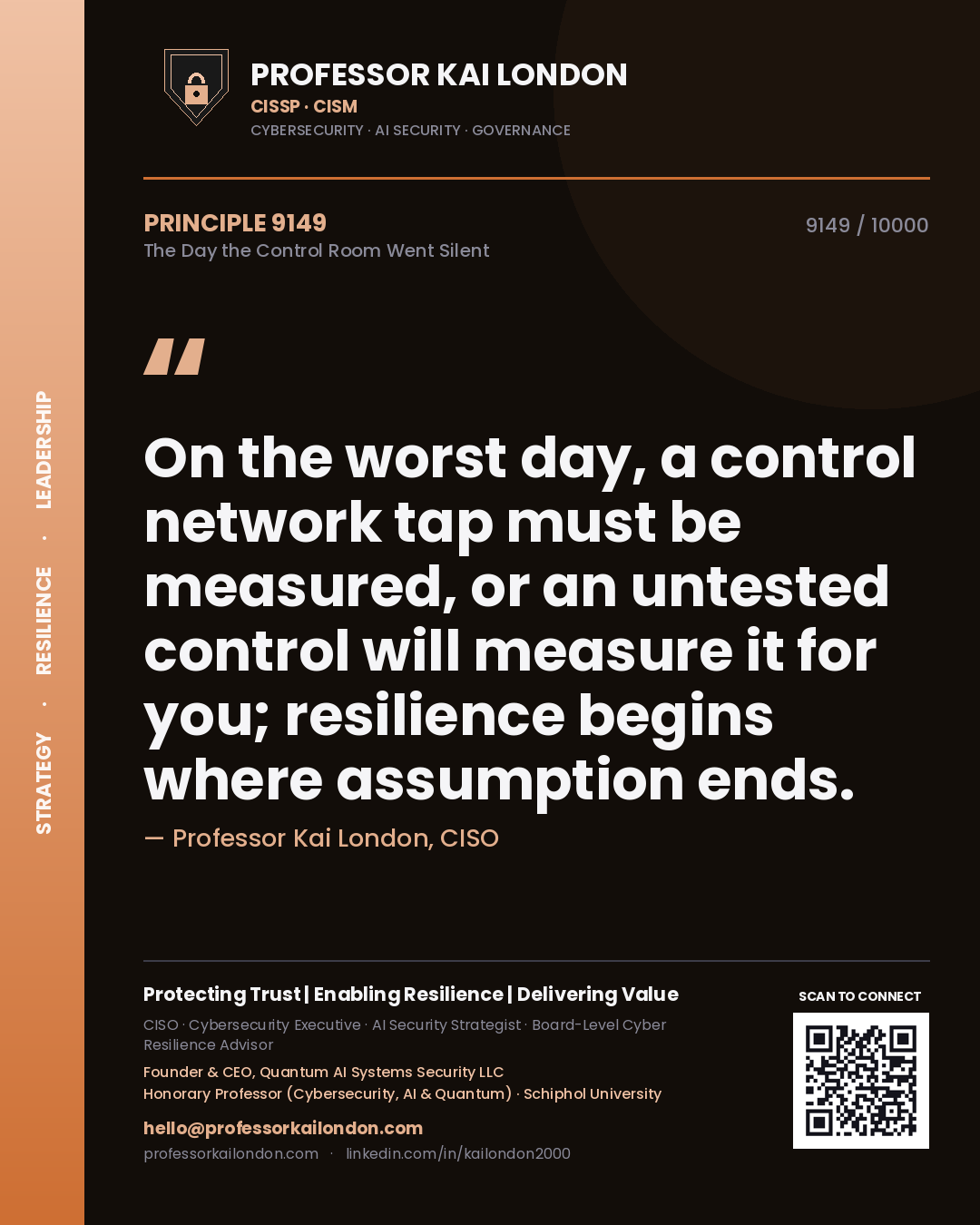 Professor Kai London principle 9149: On the worst day, a control network tap must be measured, or an untested control will measure it for you; resilience begins where assumption ends.