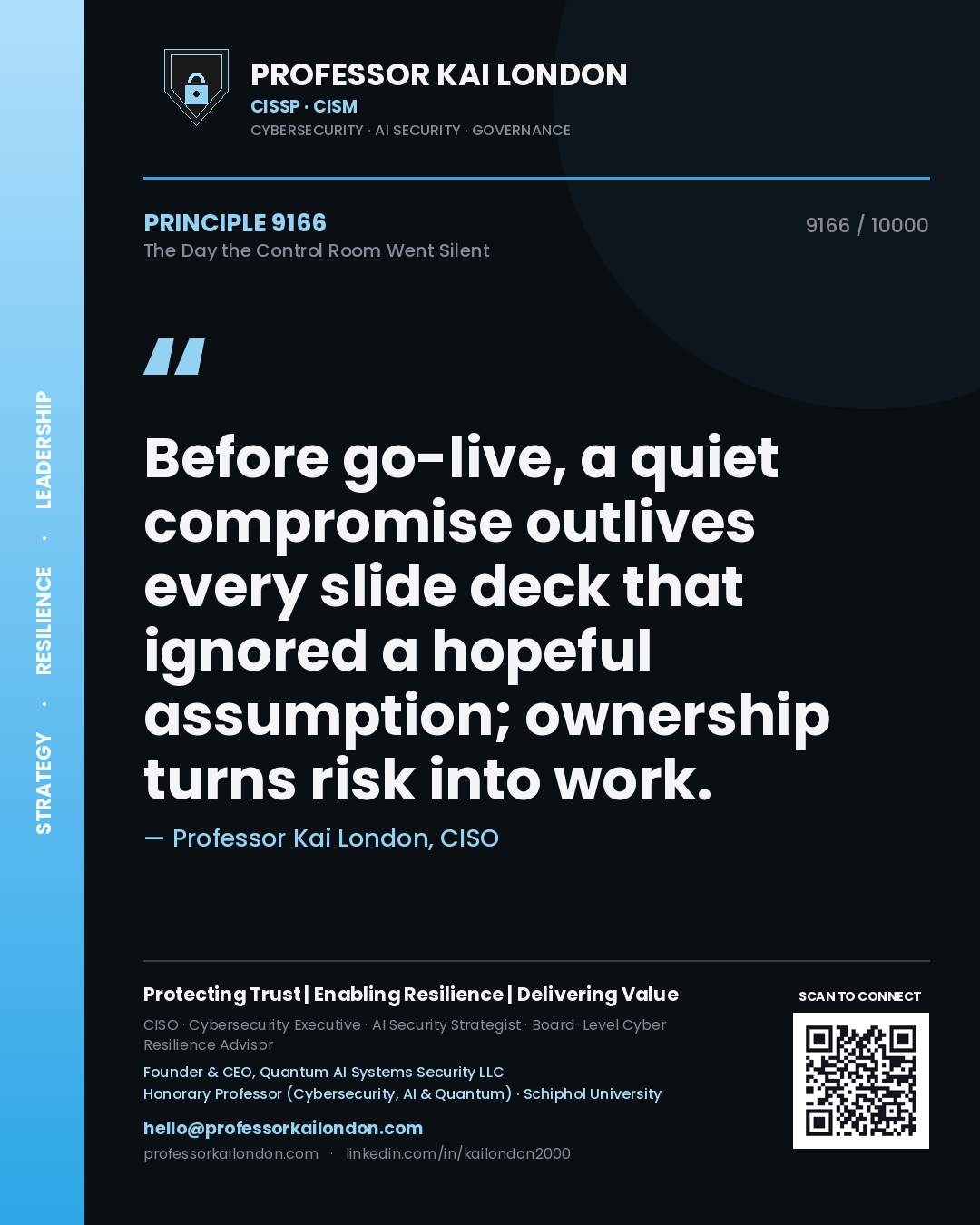 Quote card by Professor Kai London reading 'Before go-live, a quiet compromise outlives every slide deck that ignored a hopeful assumption; ownership turns risk into work.'. From the book The Day the Control Room Went Silent.