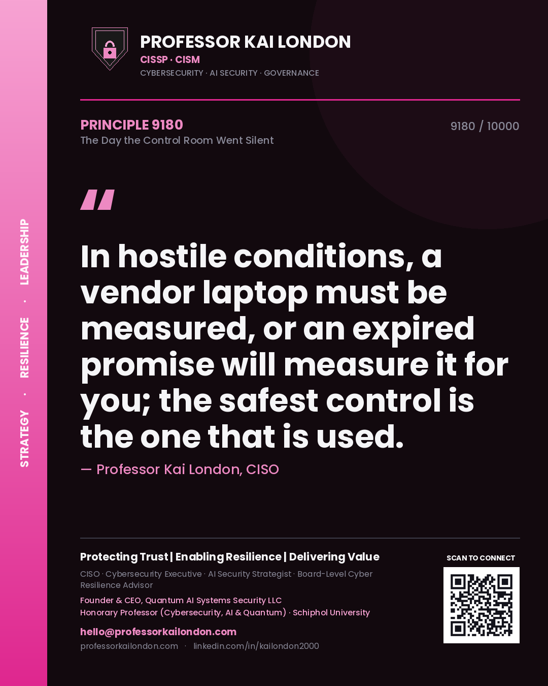 Quote card by Professor Kai London reading 'In hostile conditions, a vendor laptop must be measured, or an expired promise will measure it for you; the safest control is the one that is used.'. From the book The Day the Control Room Went Silent.