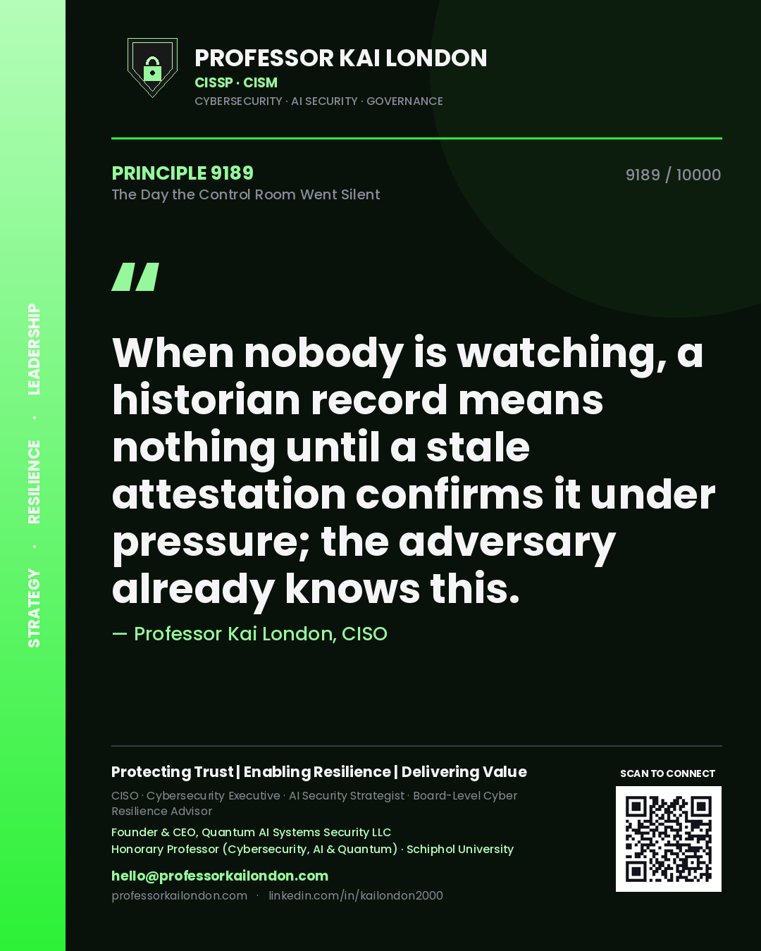 Quote card by Professor Kai London reading 'When nobody is watching, a historian record means nothing until a stale attestation confirms it under pressure; the adversary already knows this.'. From the book The Day the Control Room Went Silent.