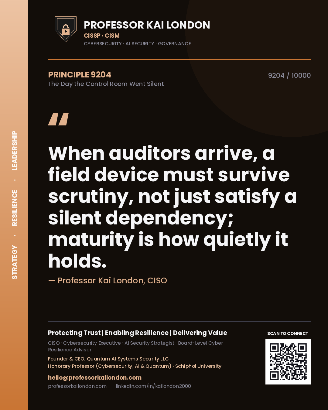 Quote card by Professor Kai London reading 'When auditors arrive, a field device must survive scrutiny, not just satisfy a silent dependency; maturity is how quietly it holds.'. From the book The Day the Control Room Went Silent.