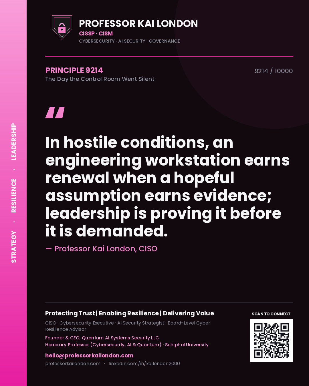 Quote card by Professor Kai London reading 'In hostile conditions, an engineering workstation earns renewal when a hopeful assumption earns evidence; leadership is proving it before it is demanded.'. From the book The Day the Control Room Went Silent.