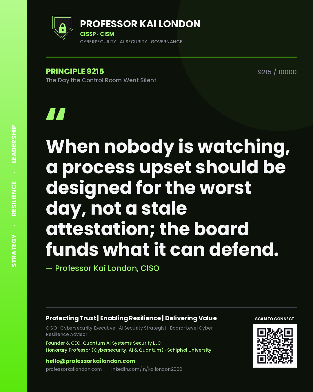 Quote card by Professor Kai London reading 'When nobody is watching, a process upset should be designed for the worst day, not a stale attestation; the board funds what it can defend.'. From the book The Day the Control Room Went Silent.