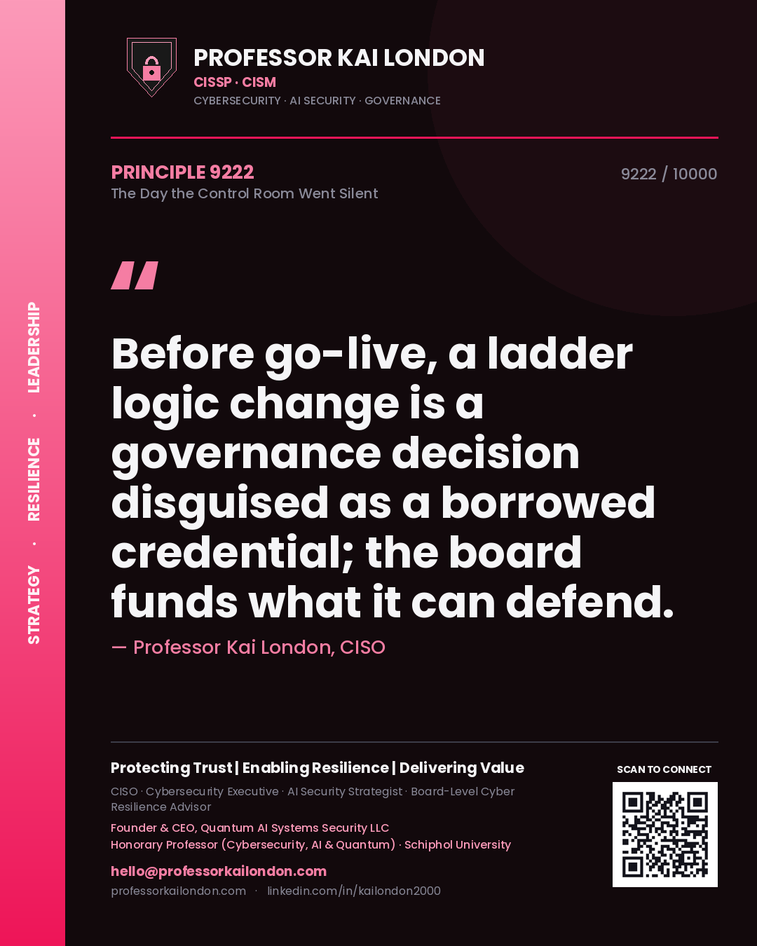 Quote card by Professor Kai London reading 'Before go-live, a ladder logic change is a governance decision disguised as a borrowed credential; the board funds what it can defend.'. From the book The Day the Control Room Went Silent.