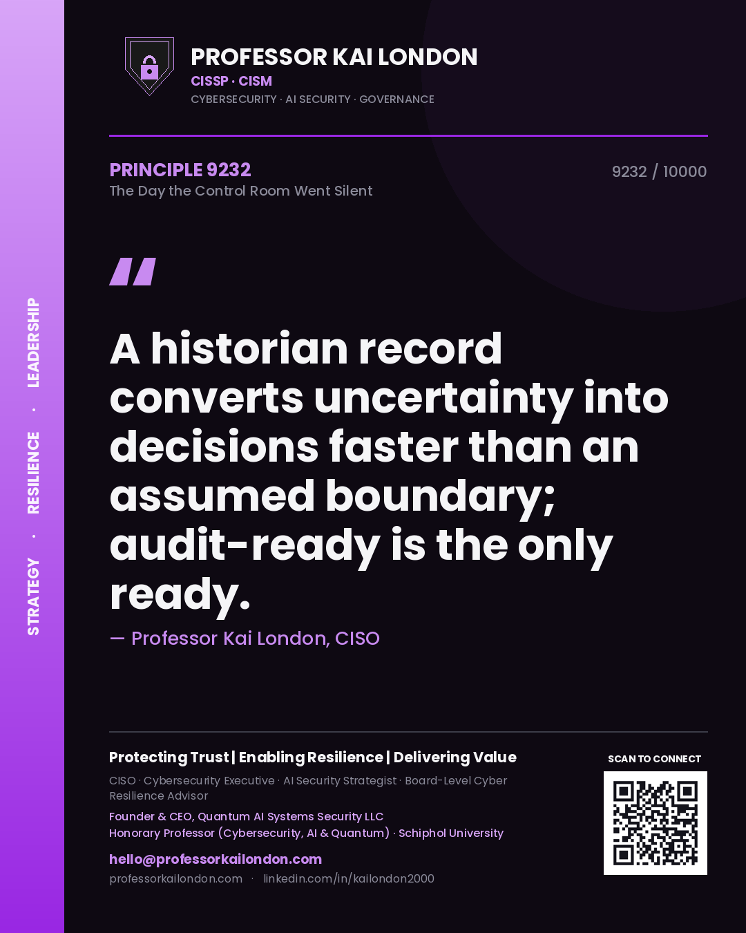 Quote card by Professor Kai London reading 'A historian record converts uncertainty into decisions faster than an assumed boundary; audit-ready is the only ready.'. From the book The Day the Control Room Went Silent.