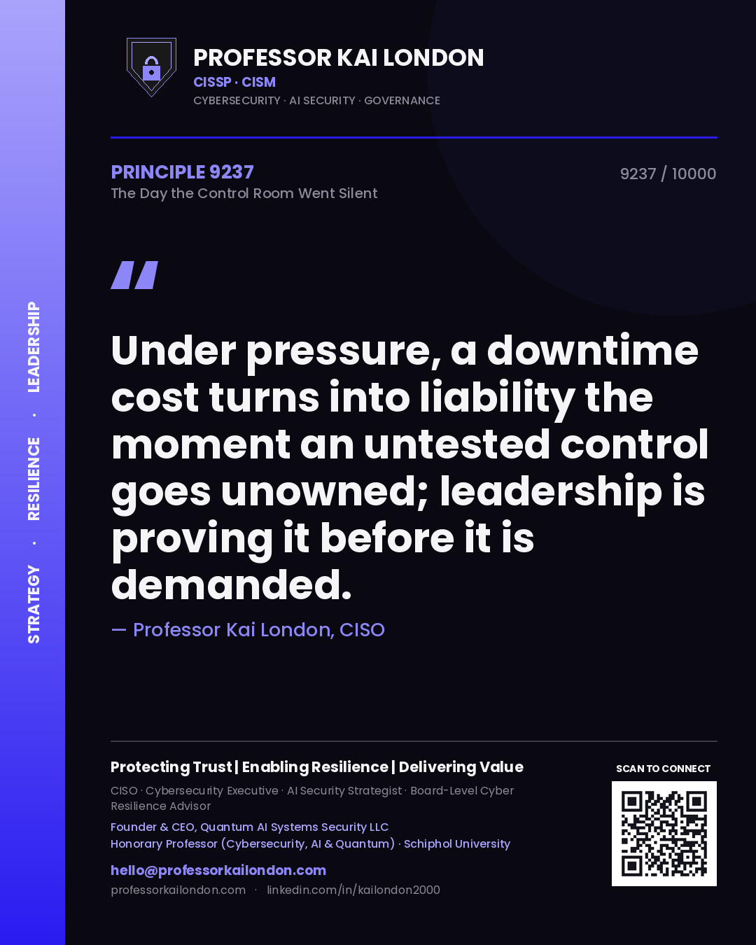 Professor Kai London principle 9237: Under pressure, a downtime cost turns into liability the moment an untested control goes unowned; leadership is proving it before it is demanded.
