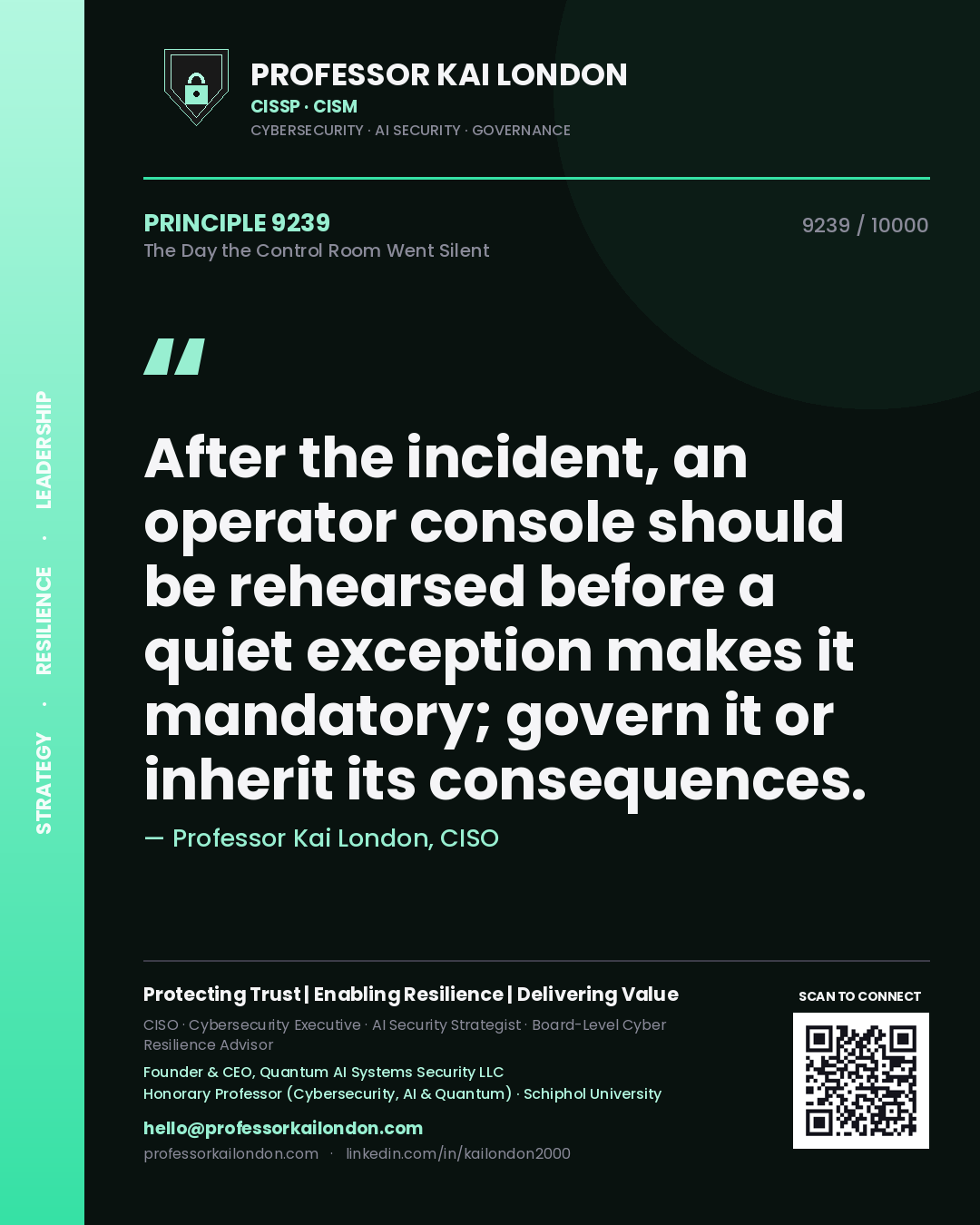 Quote card by Professor Kai London reading 'After the incident, an operator console should be rehearsed before a quiet exception makes it mandatory; govern it or inherit its consequences.'. From the book The Day the Control Room Went Silent.