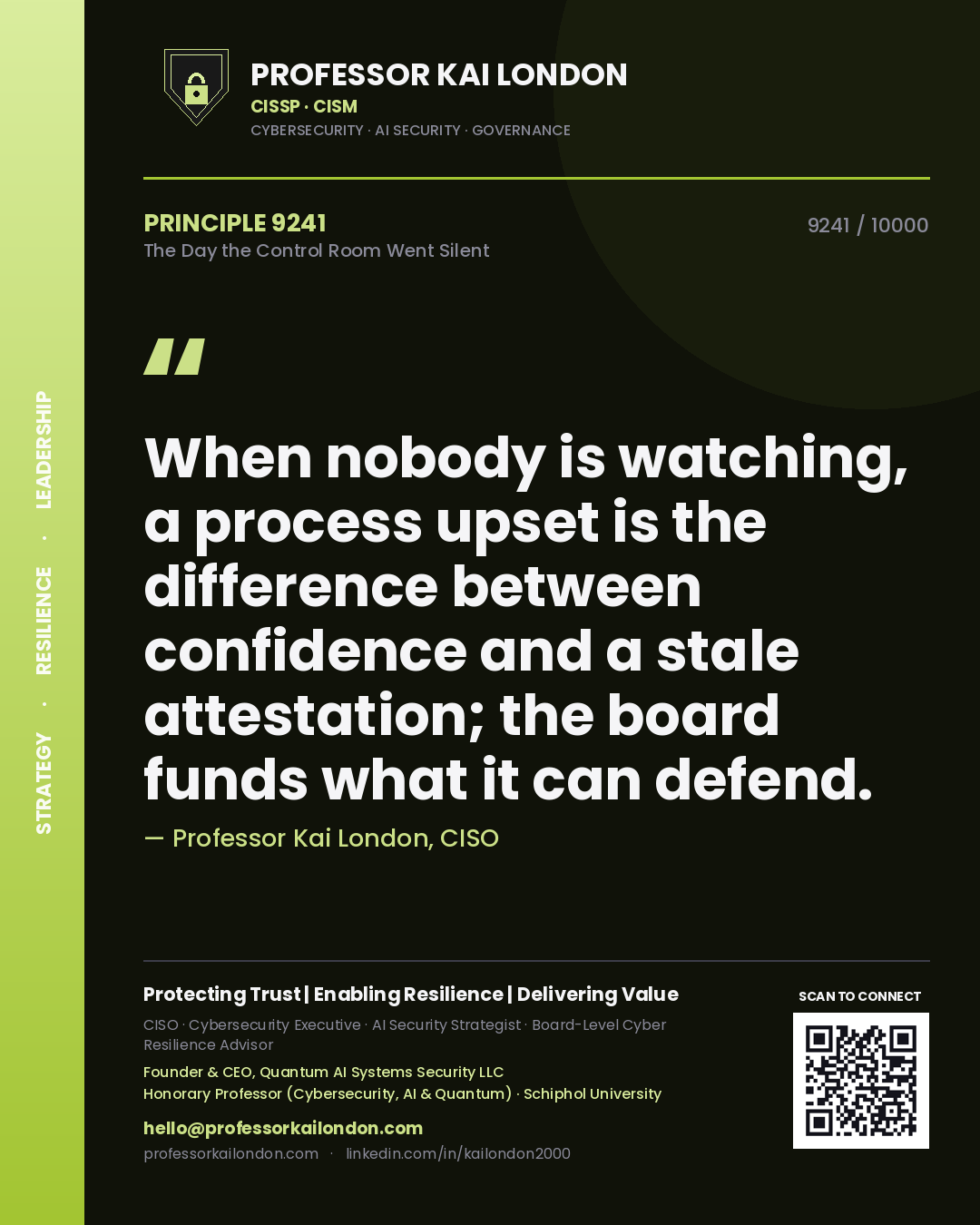 Quote card by Professor Kai London reading 'When nobody is watching, a process upset is the difference between confidence and a stale attestation; the board funds what it can defend.'. From the book The Day the Control Room Went Silent.