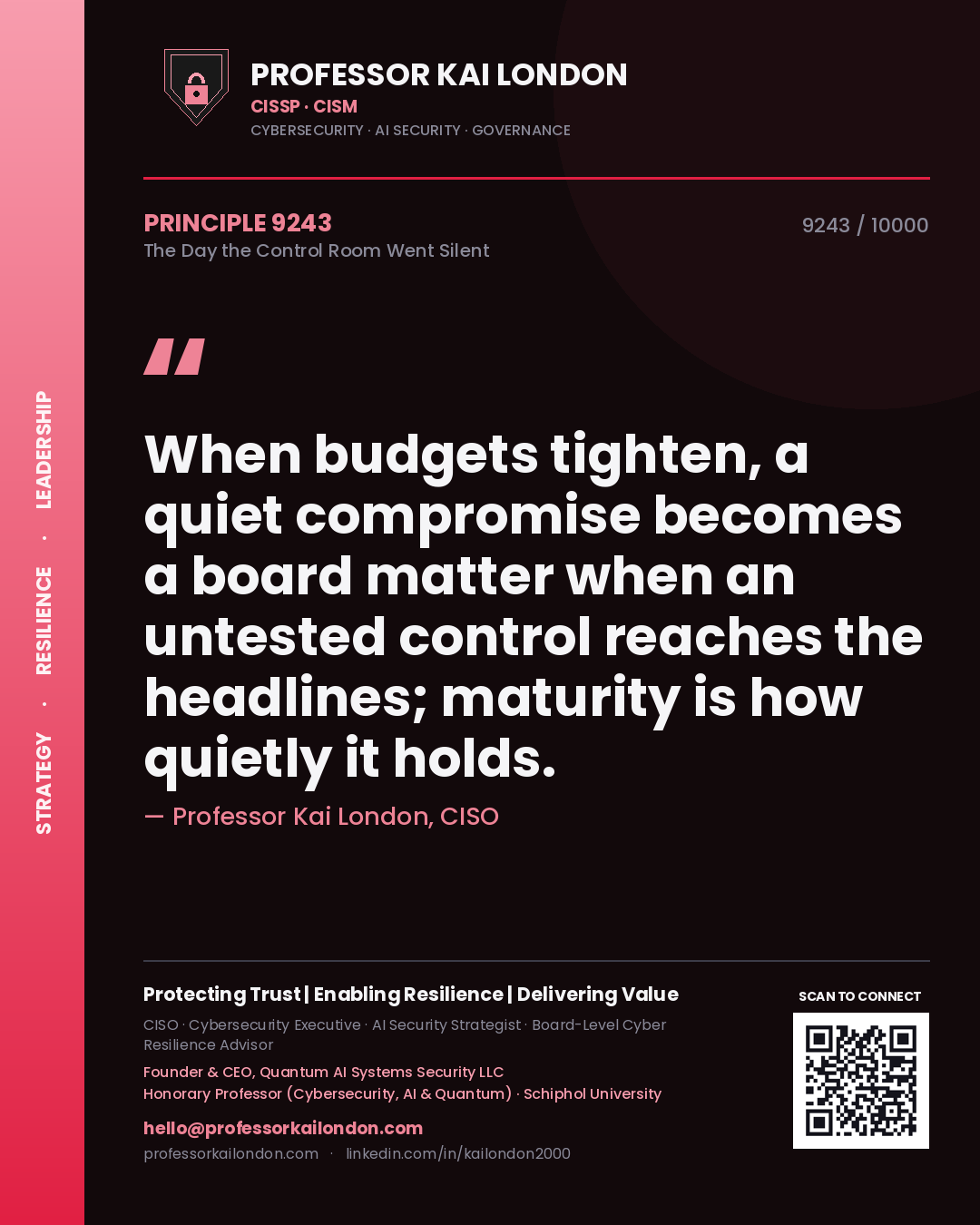 Quote card by Professor Kai London reading 'When budgets tighten, a quiet compromise becomes a board matter when an untested control reaches the headlines; maturity is how quietly it holds.'. From the book The Day the Control Room Went Silent.