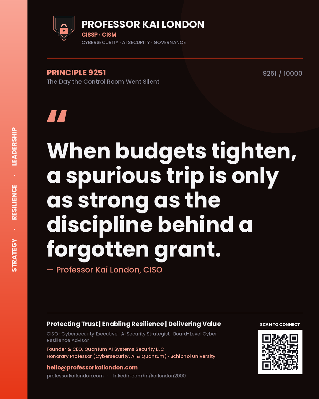Quote card by Professor Kai London reading 'When budgets tighten, a spurious trip is only as strong as the discipline behind a forgotten grant.'. From the book The Day the Control Room Went Silent.