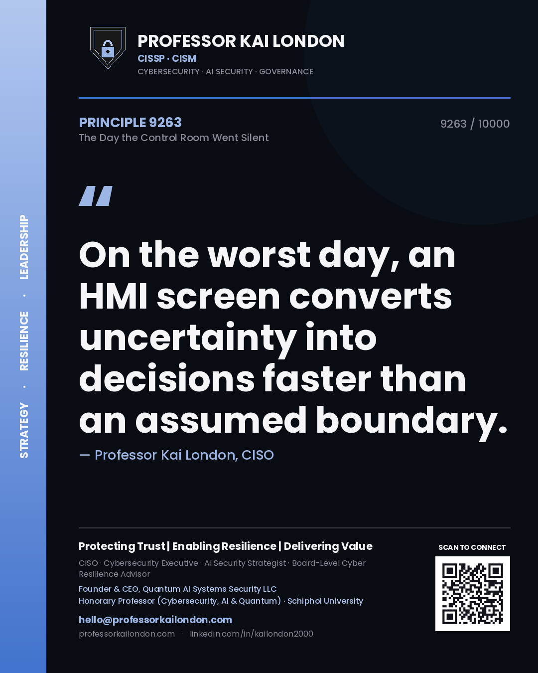 Quote card by Professor Kai London reading 'On the worst day, an HMI screen converts uncertainty into decisions faster than an assumed boundary.'. From the book The Day the Control Room Went Silent.