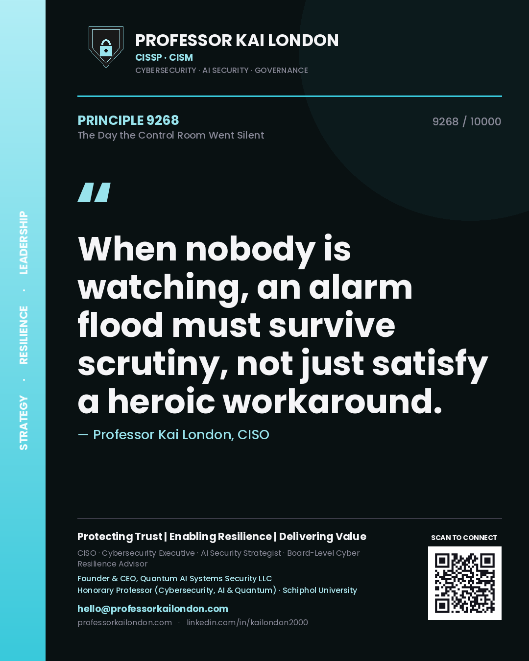 Quote card by Professor Kai London reading 'When nobody is watching, an alarm flood must survive scrutiny, not just satisfy a heroic workaround.'. From the book The Day the Control Room Went Silent.
