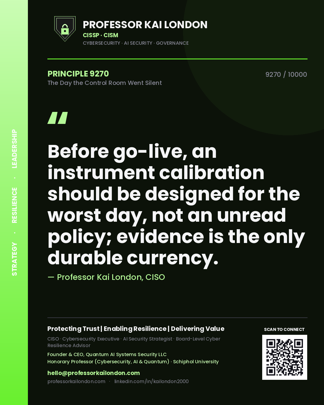 Quote card by Professor Kai London reading 'Before go-live, an instrument calibration should be designed for the worst day, not an unread policy; evidence is the only durable currency.'. From the book The Day the Control Room Went Silent.