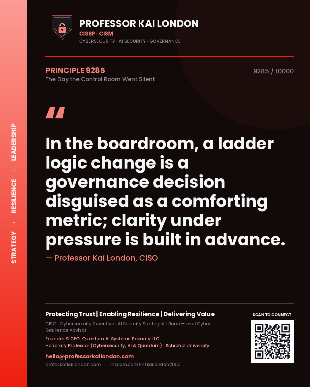 Quote card by Professor Kai London reading 'In the boardroom, a ladder logic change is a governance decision disguised as a comforting metric; clarity under pressure is built in advance.'. From the book The Day the Control Room Went Silent.