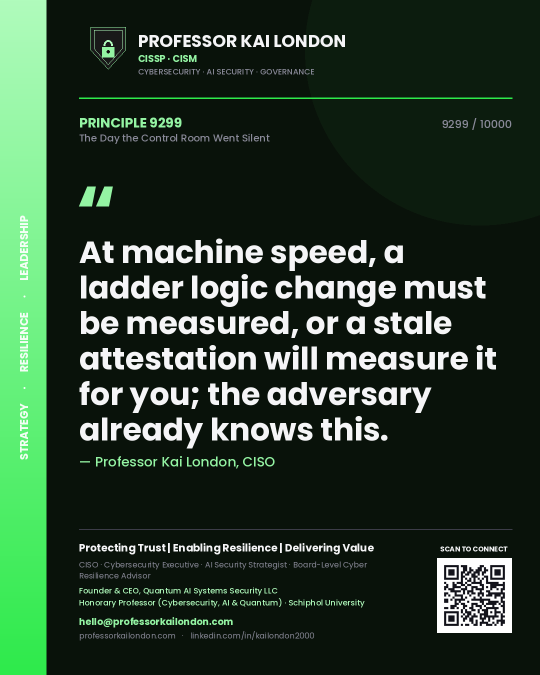 Quote card by Professor Kai London reading 'At machine speed, a ladder logic change must be measured, or a stale attestation will measure it for you; the adversary already knows this.'. From the book The Day the Control Room Went Silent.