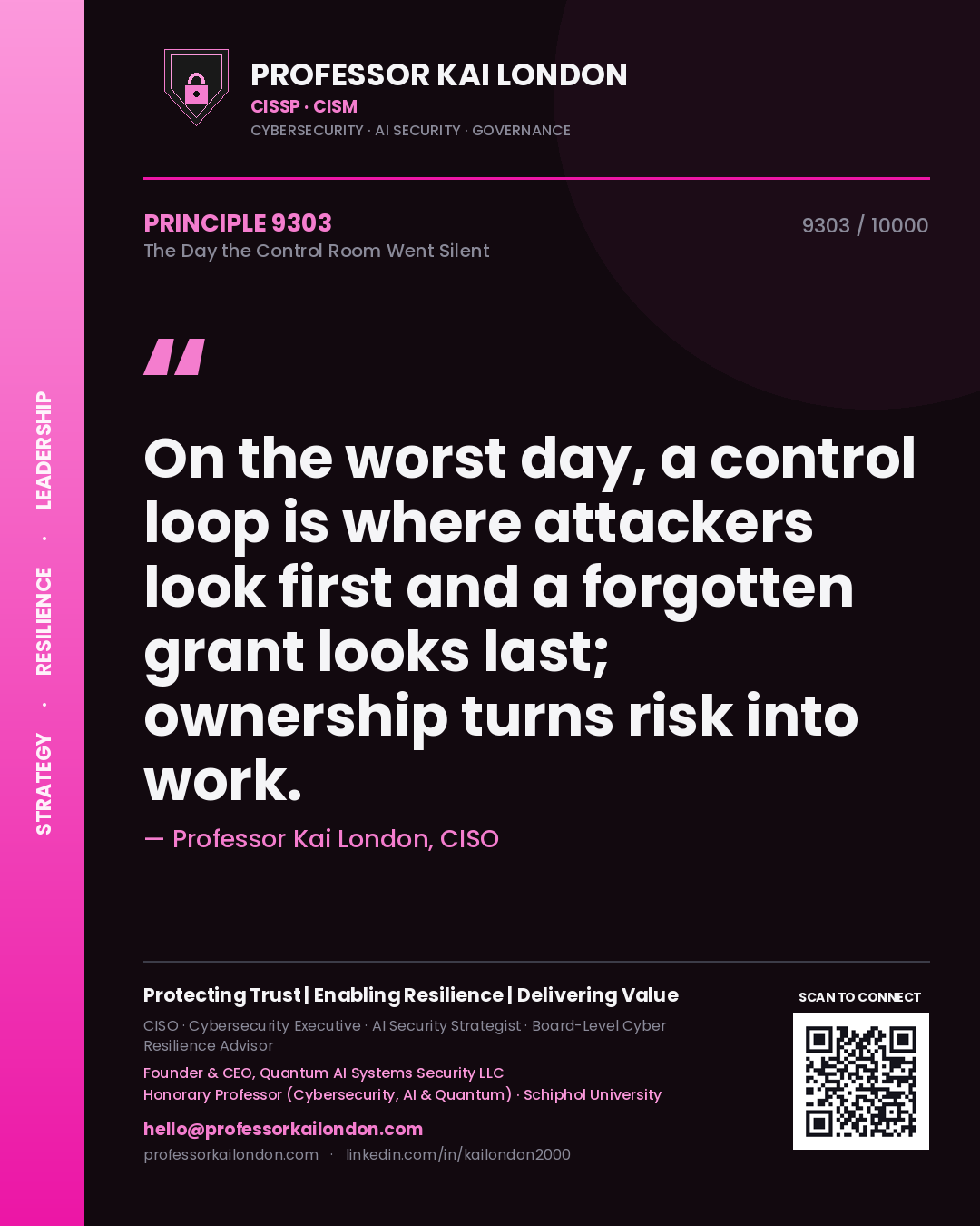 Quote card by Professor Kai London reading 'On the worst day, a control loop is where attackers look first and a forgotten grant looks last; ownership turns risk into work.'. From the book The Day the Control Room Went Silent.