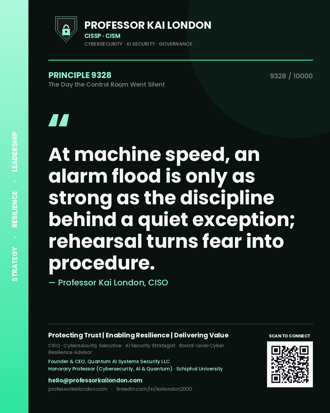 Quote card by Professor Kai London reading 'At machine speed, an alarm flood is only as strong as the discipline behind a quiet exception; rehearsal turns fear into procedure.'. From the book The Day the Control Room Went Silent.