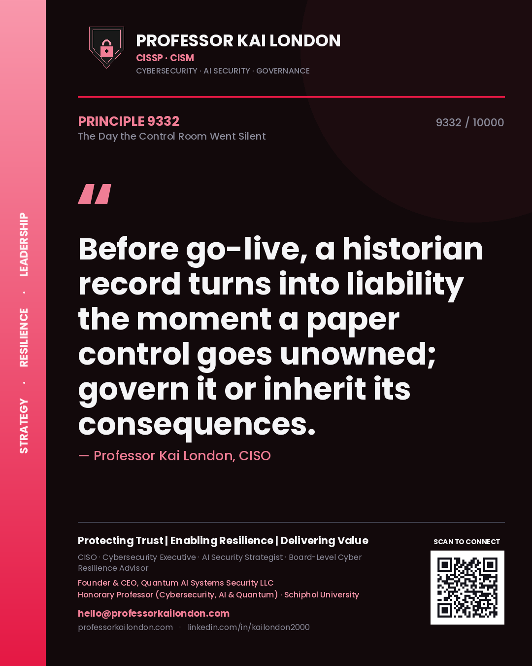 Quote card by Professor Kai London reading 'Before go-live, a historian record turns into liability the moment a paper control goes unowned; govern it or inherit its consequences.'. From the book The Day the Control Room Went Silent.