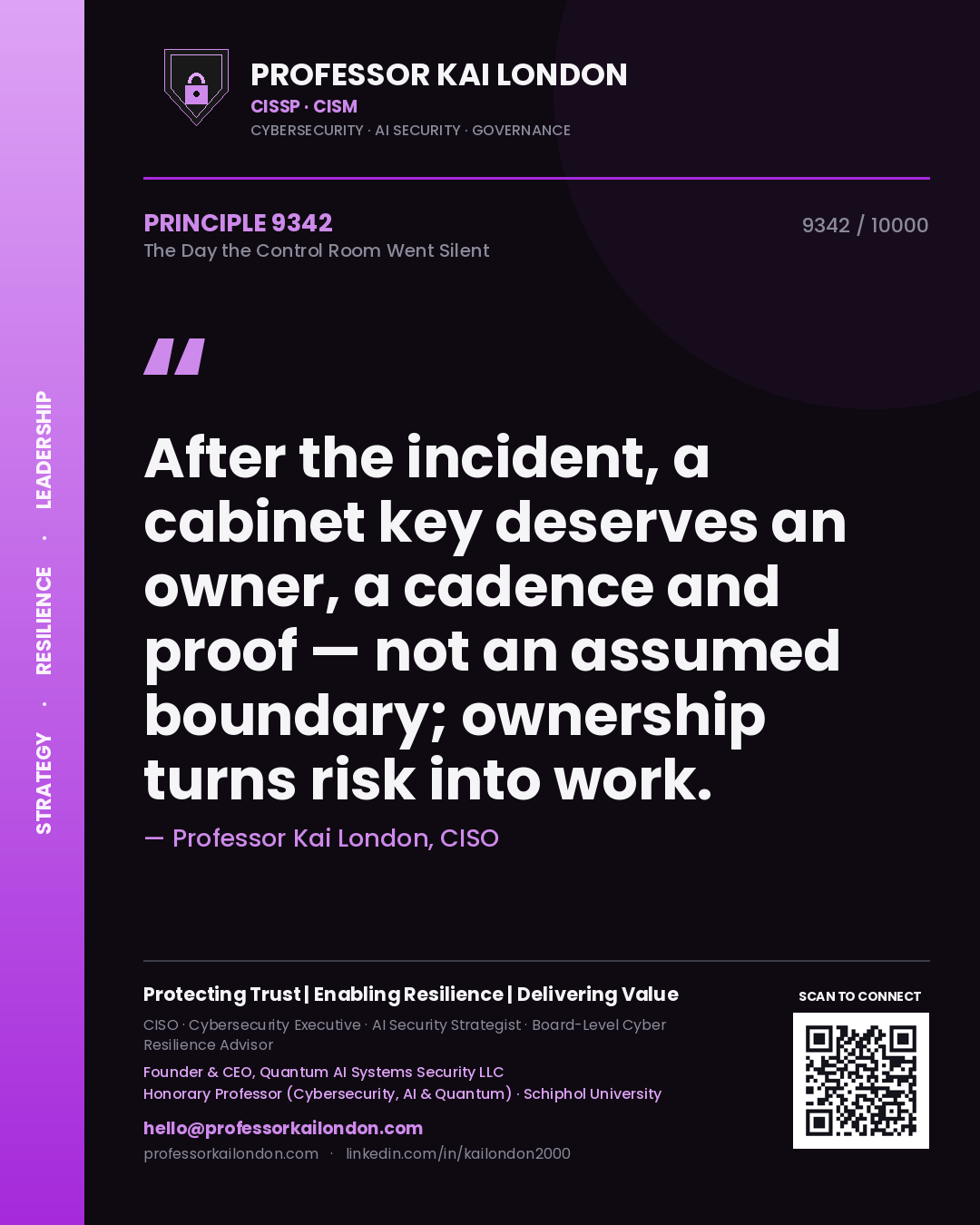 Quote card by Professor Kai London reading 'After the incident, a cabinet key deserves an owner, a cadence and proof — not an assumed boundary; ownership turns risk into work.'. From the book The Day the Control Room Went Silent.