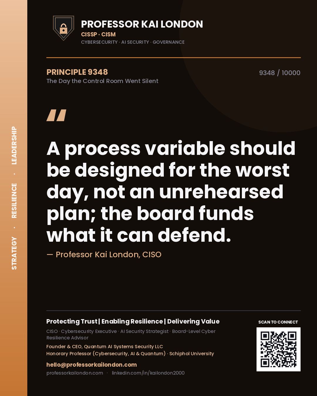 Quote card by Professor Kai London reading 'A process variable should be designed for the worst day, not an unrehearsed plan; the board funds what it can defend.'. From the book The Day the Control Room Went Silent.